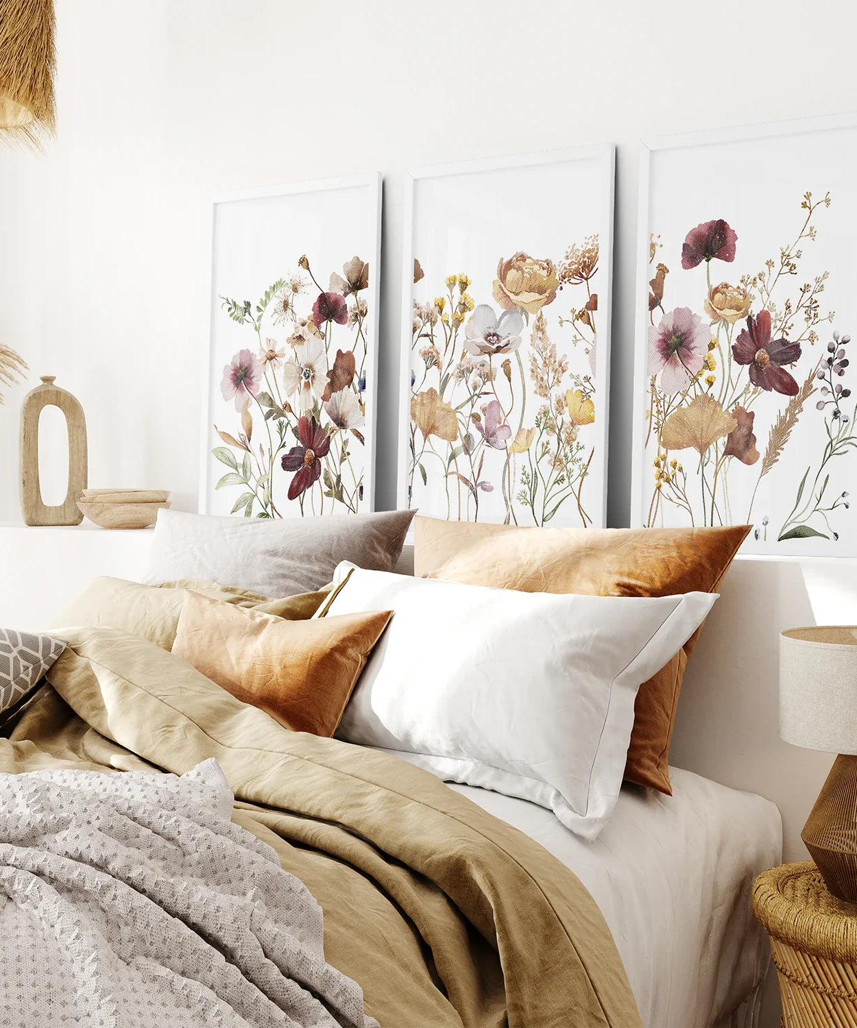 3-teiliges Wandbild-Set mit braunen und roten Wildblumen