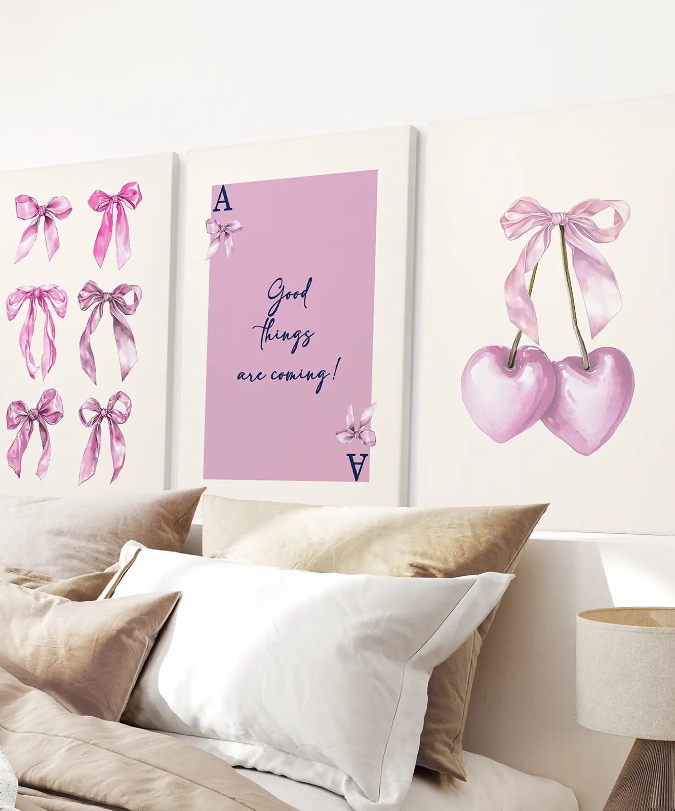 Trendy Pink Bows Wall Art Girly Print Decor Set