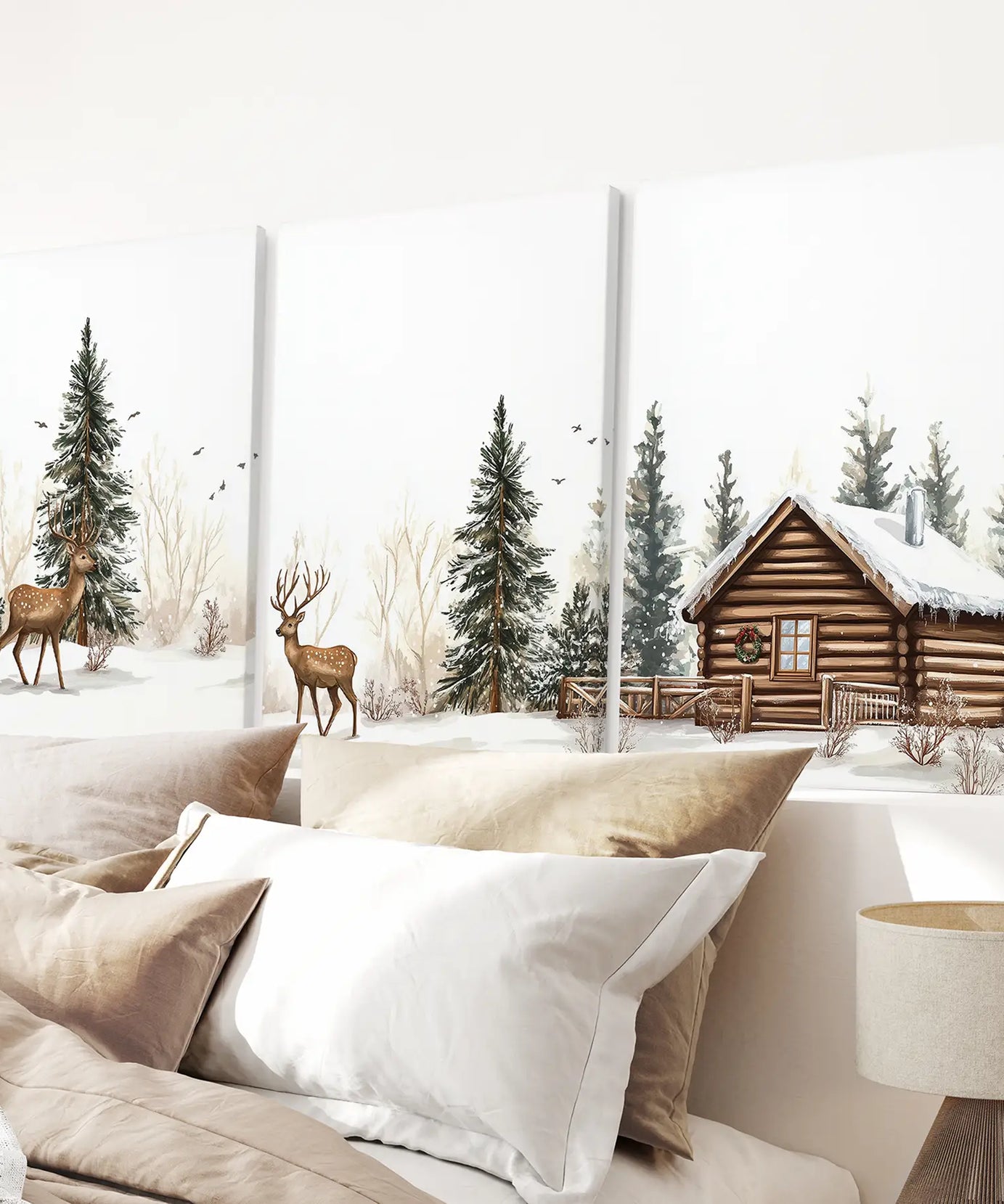 Deer and Cabin Winter 3 Piece Wall Art. Rustic Nordic Prints