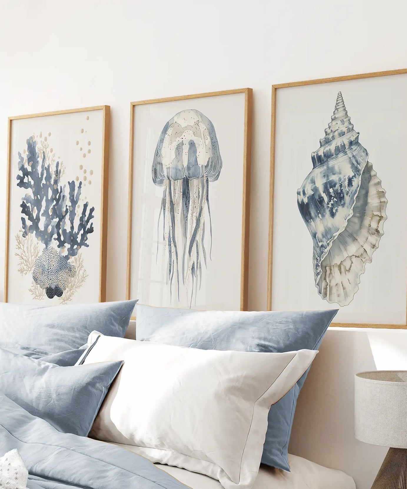 Beach House Wall Art Set. Blue Coral, Jellyfish, Shell