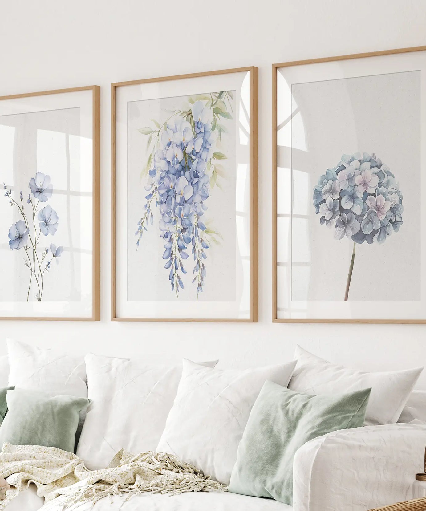 3er Set Blaue minimalistische Aquarell Blumen-Kunstdrucke