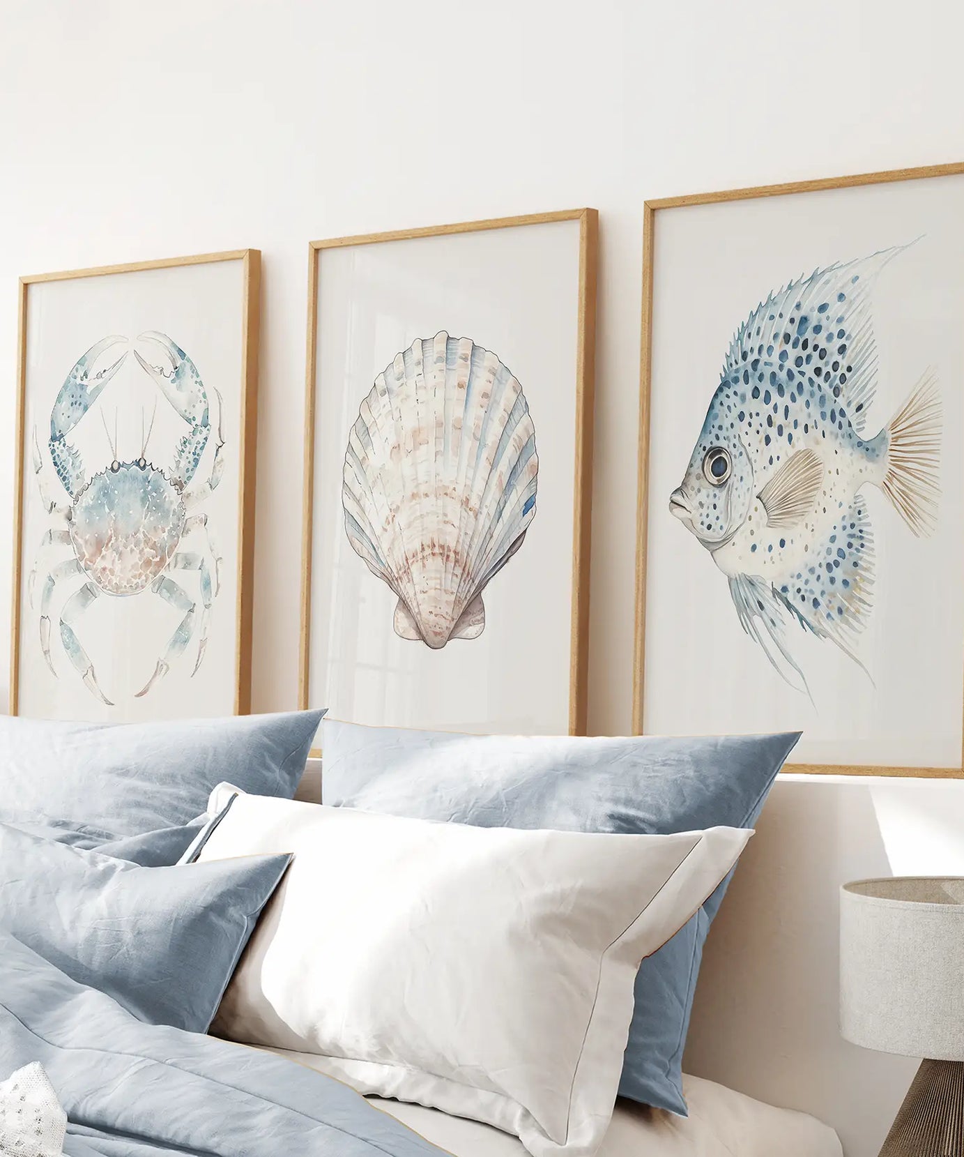 Watercolor Light Blue Nautical 3 Piece Art. Crab, Shell, Fish