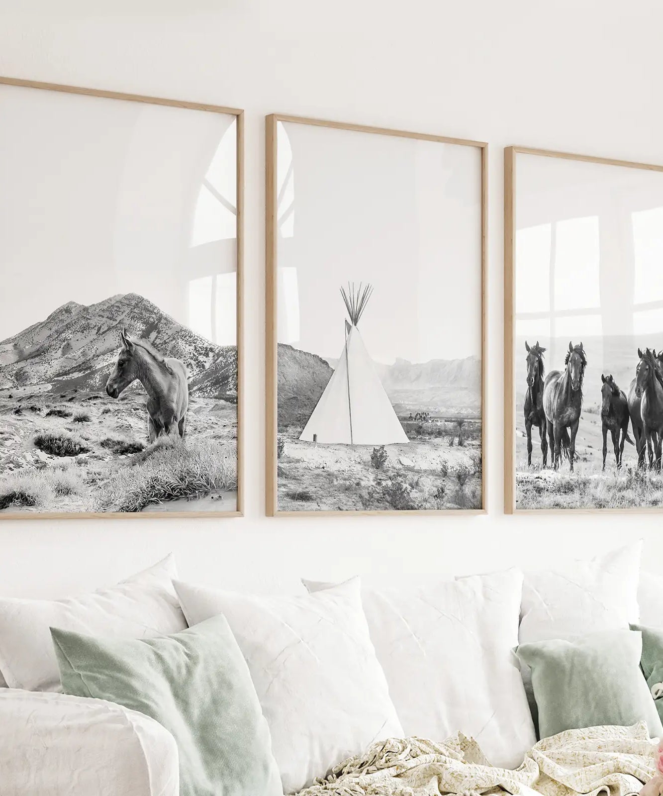 Black White Western Wall Art Set. Desert, Horses, Tepee