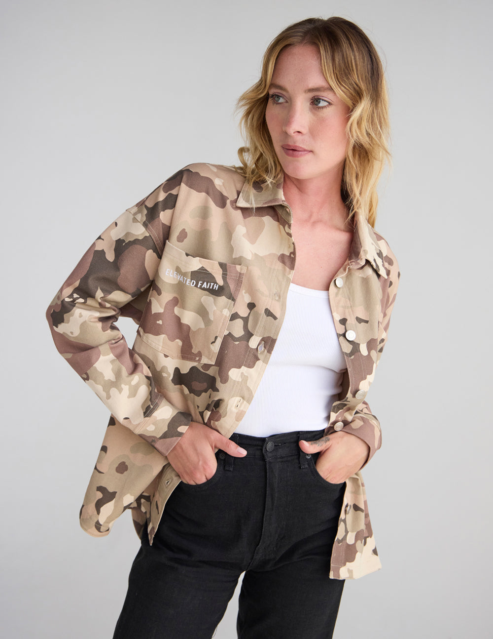 What a Friend in Jesus Camo Shacket