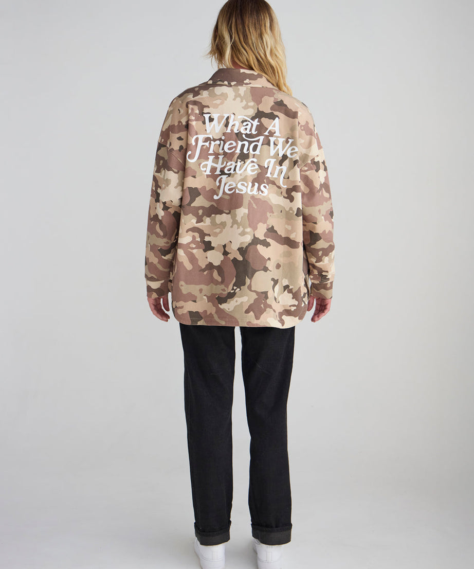 What a Friend in Jesus Camo Shacket