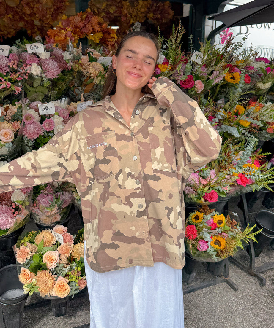 What a Friend in Jesus Camo Shacket