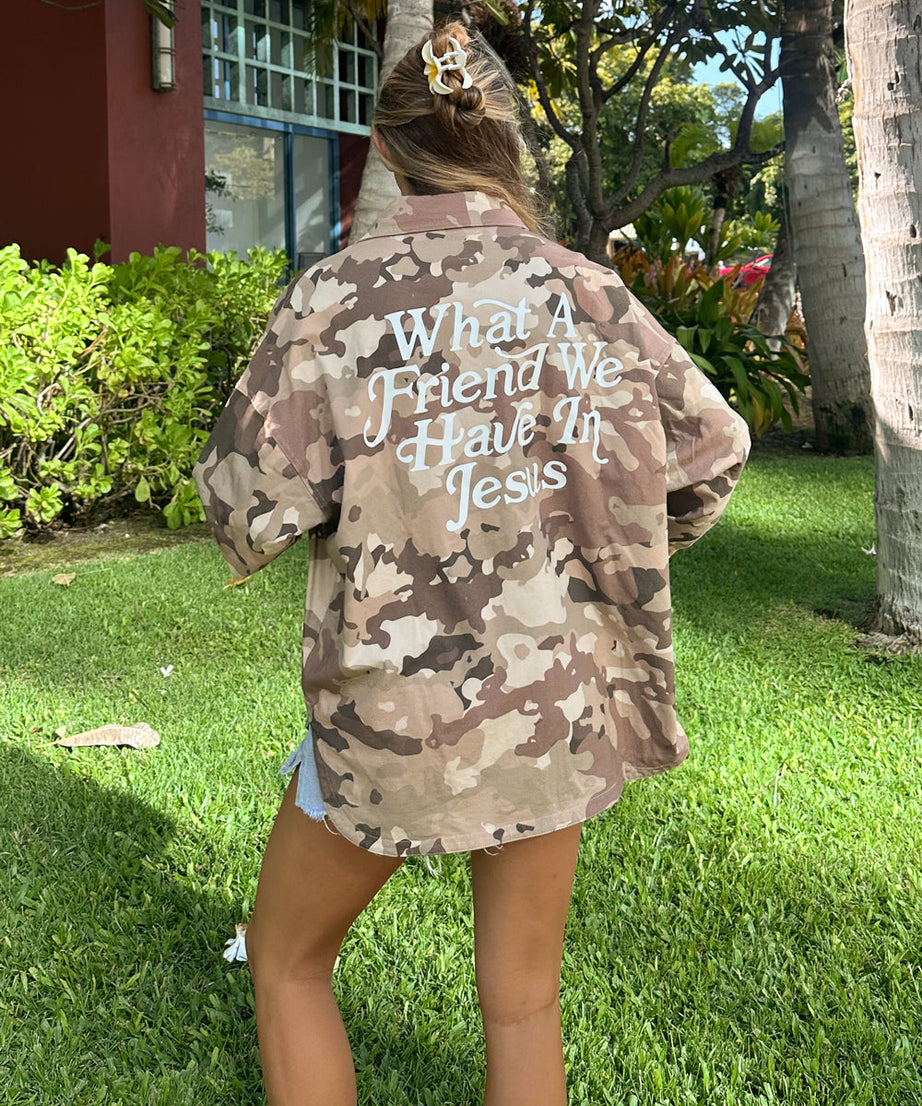 What a Friend in Jesus Camo Shacket