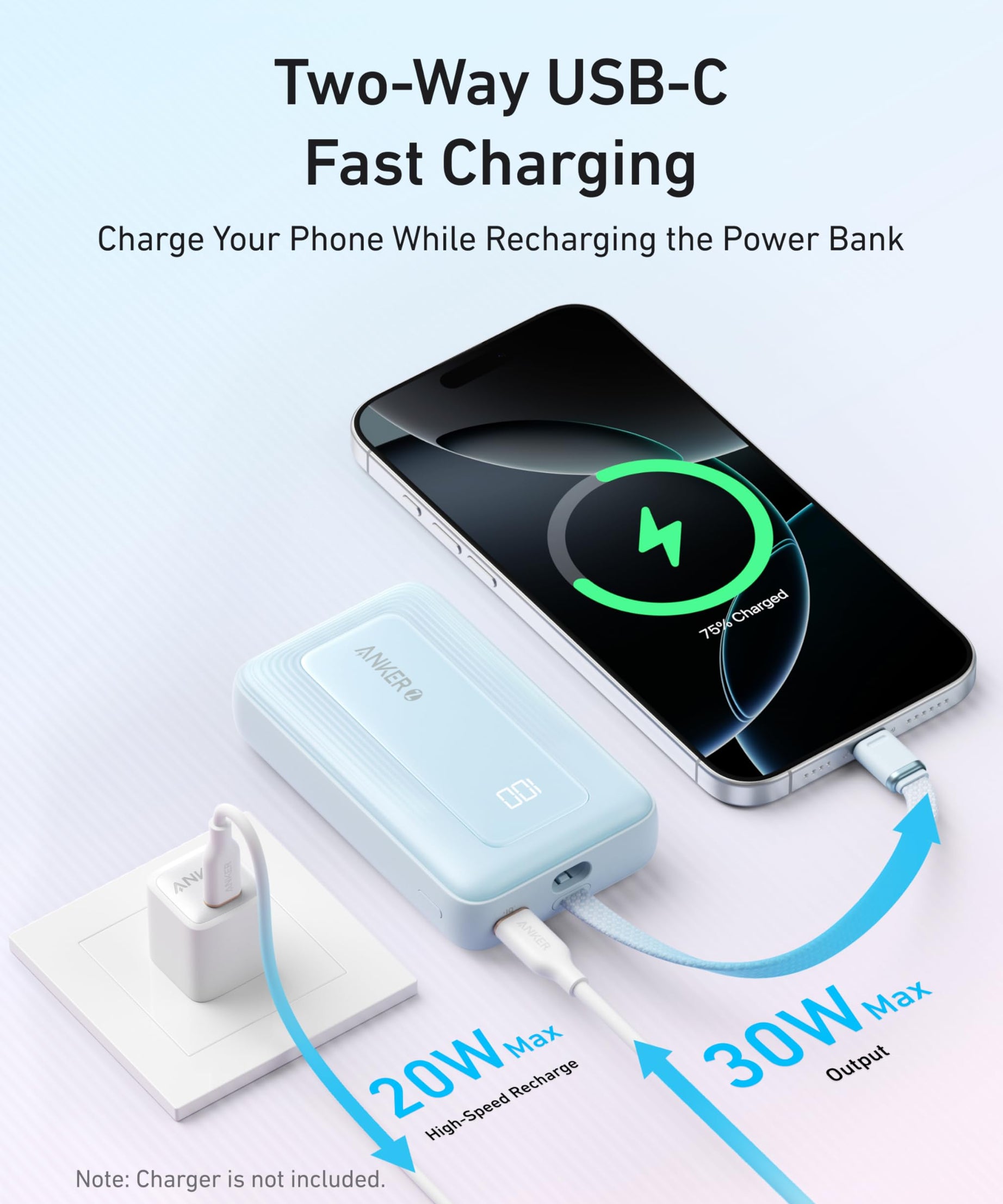 Anker Zolo Power Bank (10K, 30W) with a 5.4-inch (13.7 cm) built-in USB-C cable.