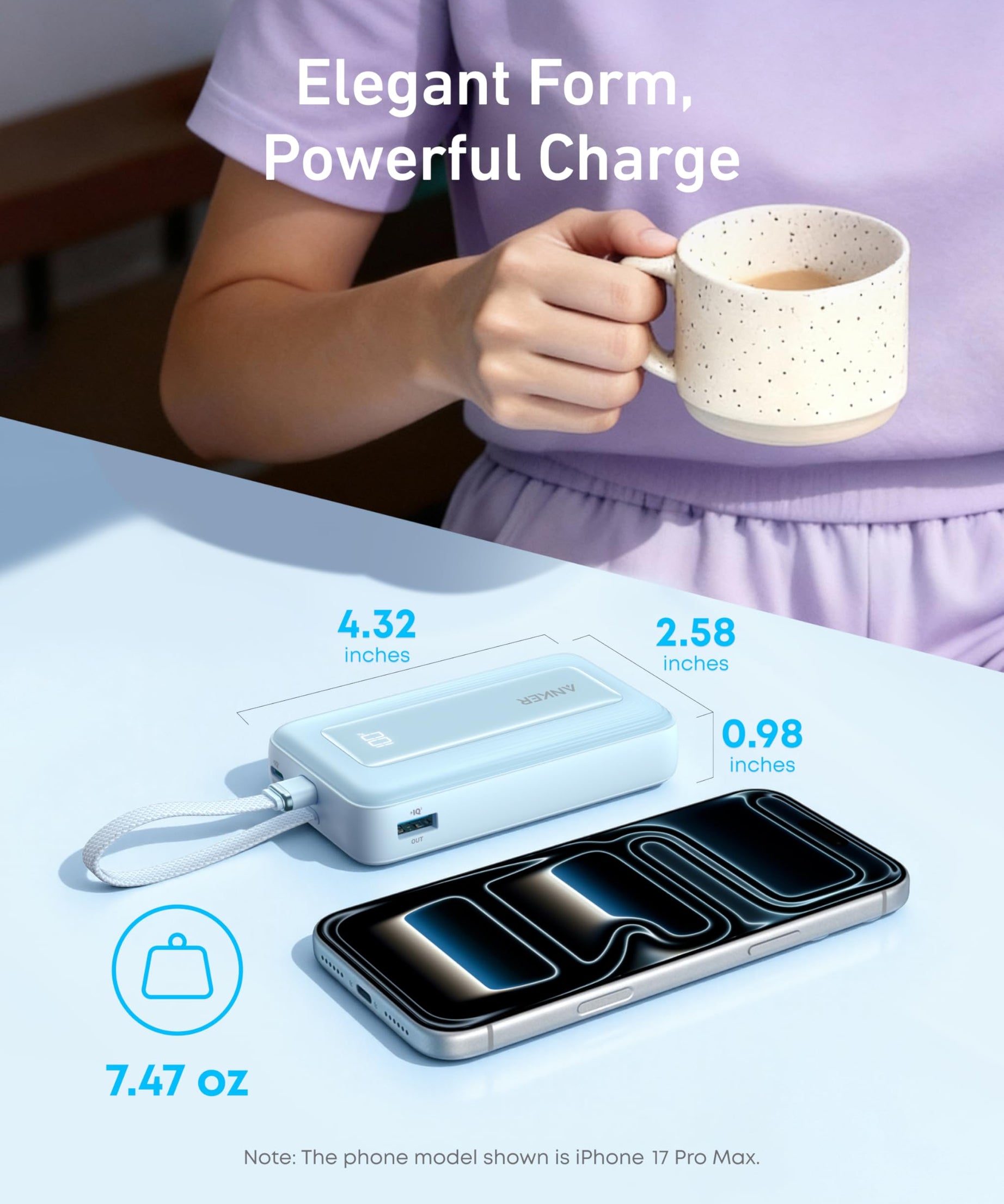 Anker Zolo Power Bank (10K, 30W) with a 5.4-inch (13.7 cm) built-in USB-C cable.