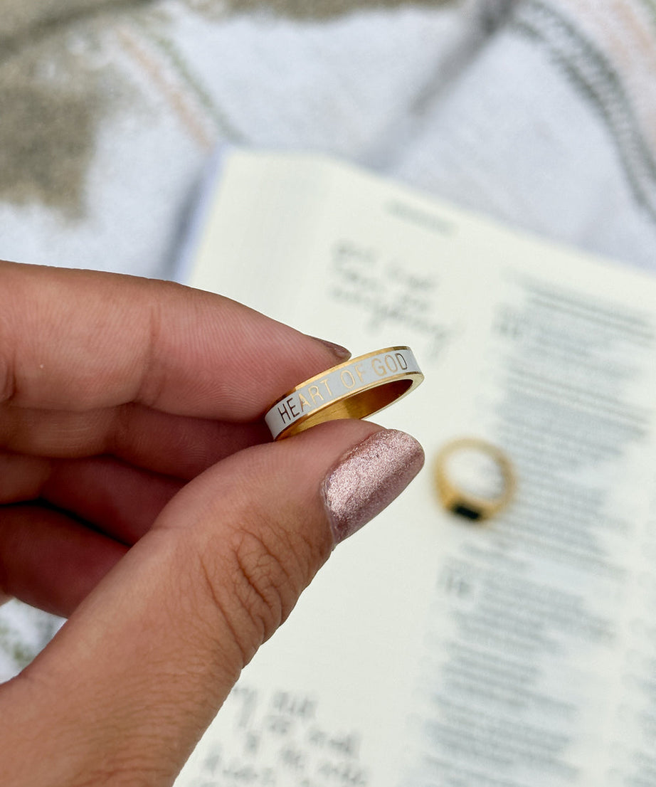 White Enamel Heart of God Ring
