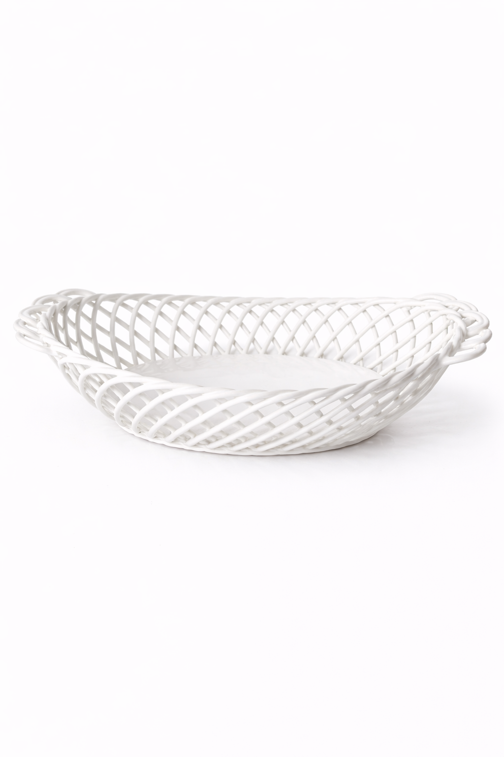 Ceramic Oval Basket – Hand-Woven Dish in White, Beige & Pink Glazed Porcelain
