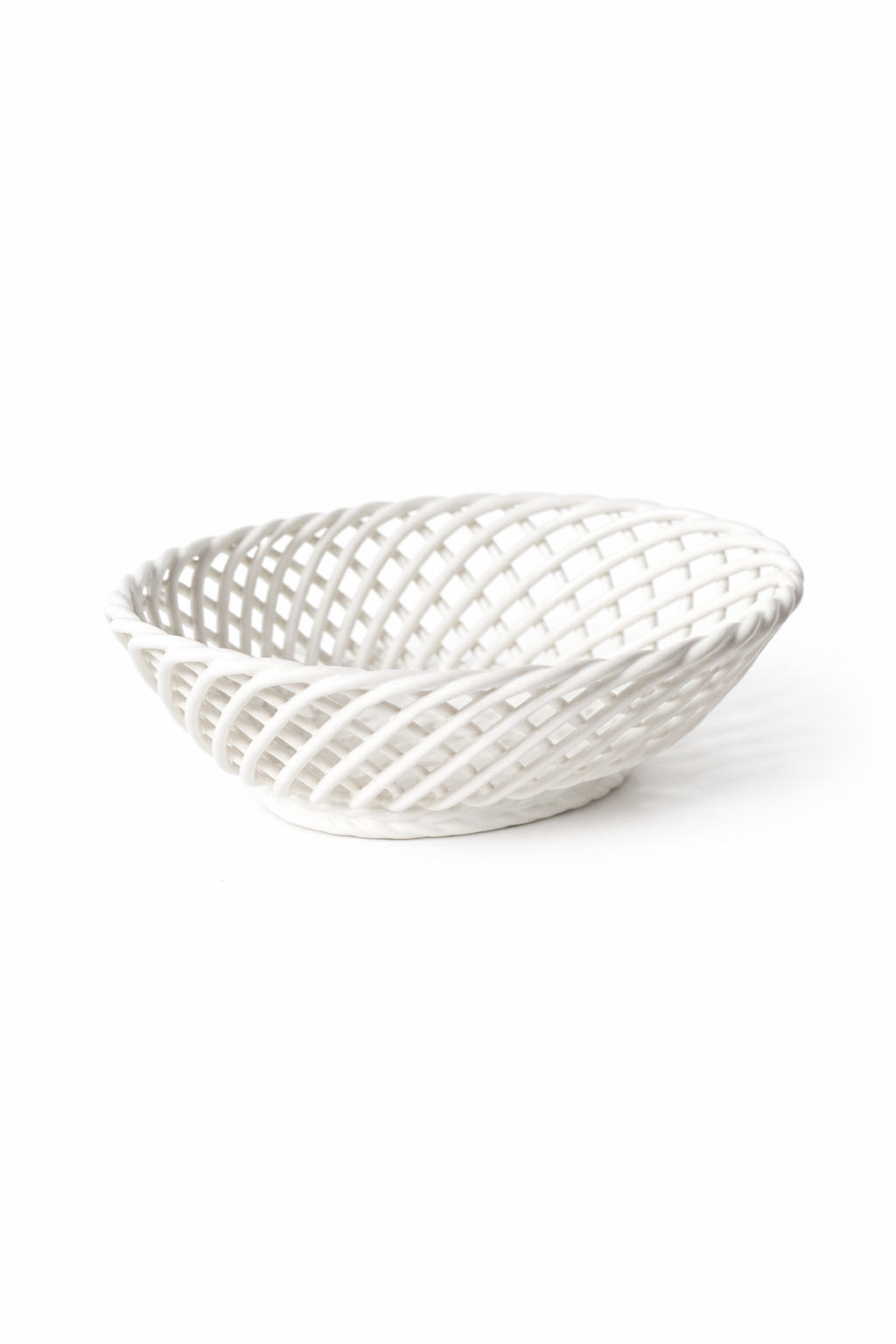 Hand-Woven Ceramic Basket -Small Oval Porcelain Dish in White, Beige & Pink