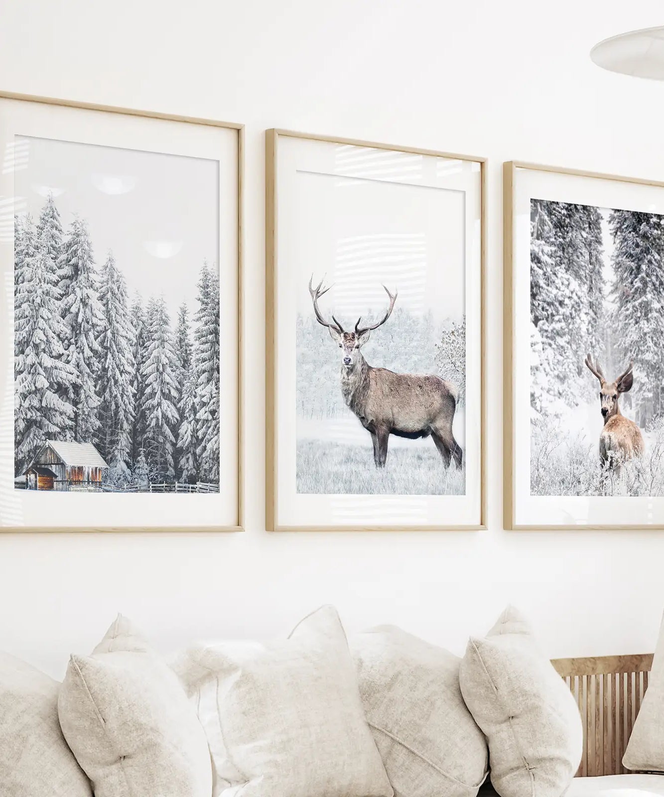 Winter Tier Wanddekor-Set, 3-teilig. Schneebedeckter Wald, Reh