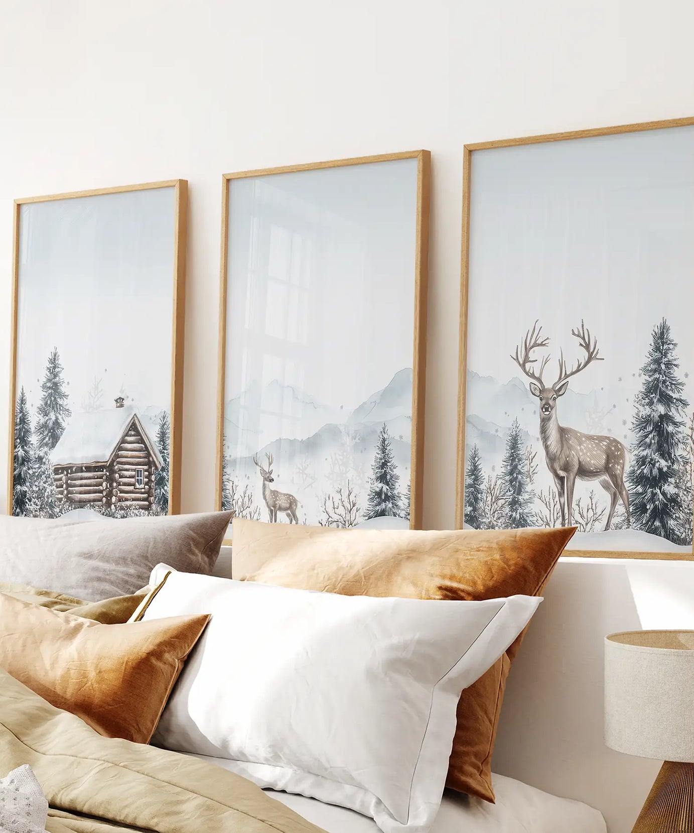 Snowy Deer Wall Art Set of 3. Winter Woodland Prints