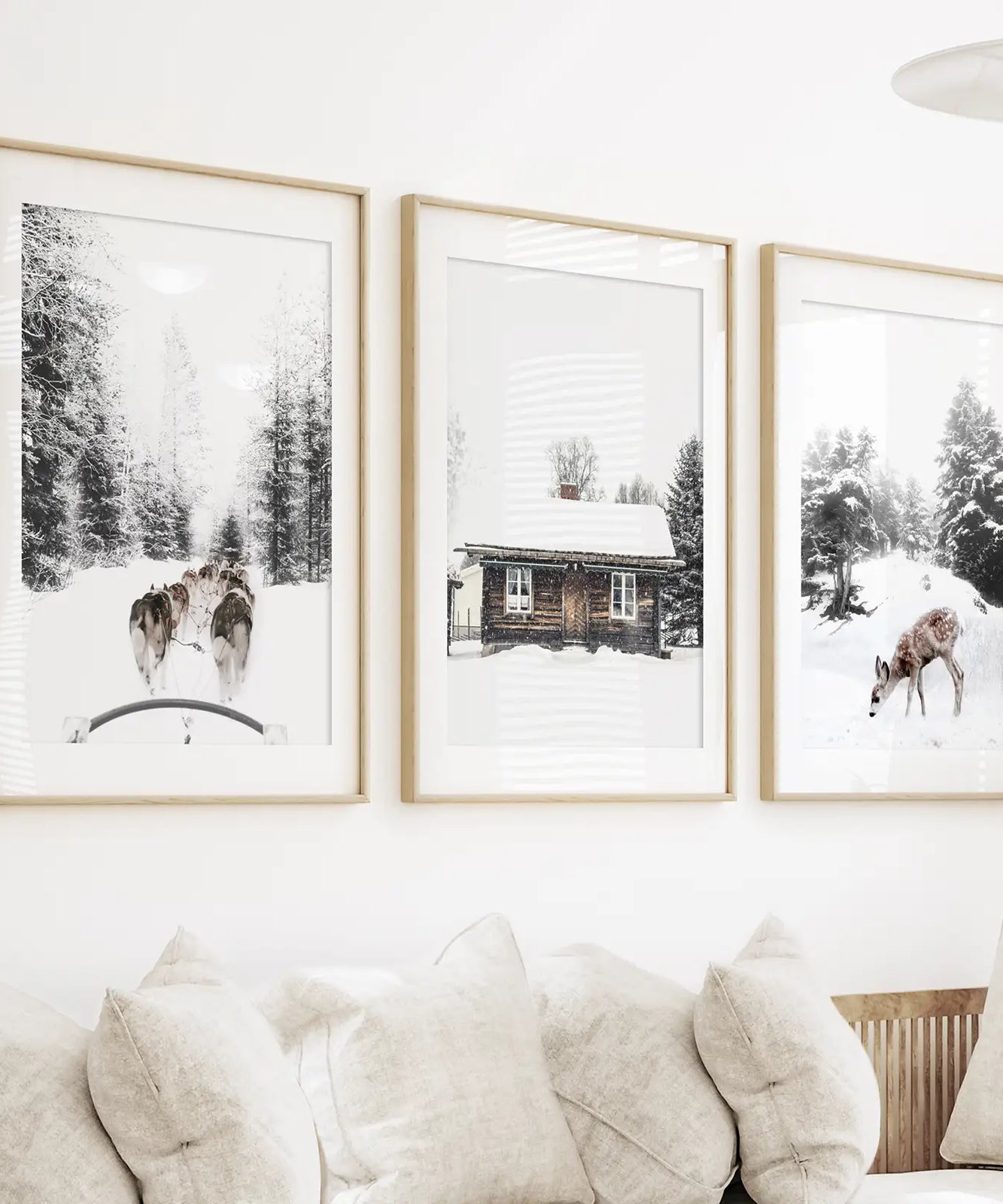 Weihnachtsstimmung 3er-Set Kunstdrucke. Rehkitz, Blockhütte, Schlittenfahrt