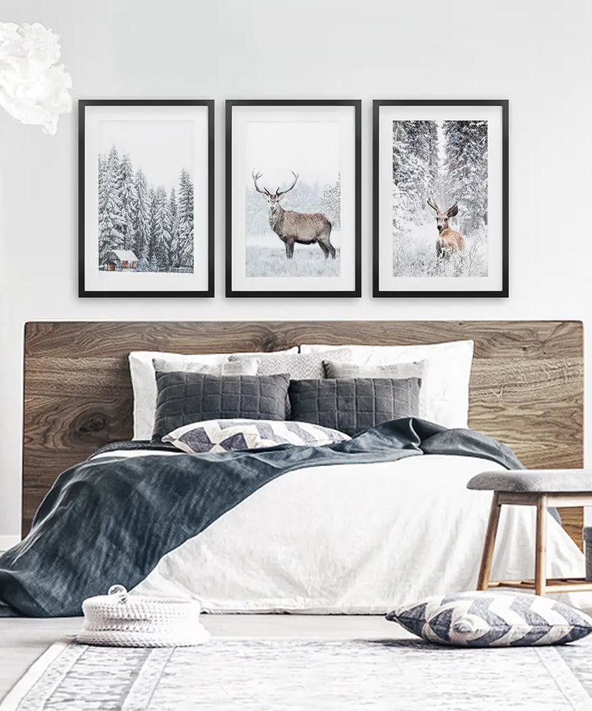 Winter Tier Wanddekor-Set, 3-teilig. Schneebedeckter Wald, Reh