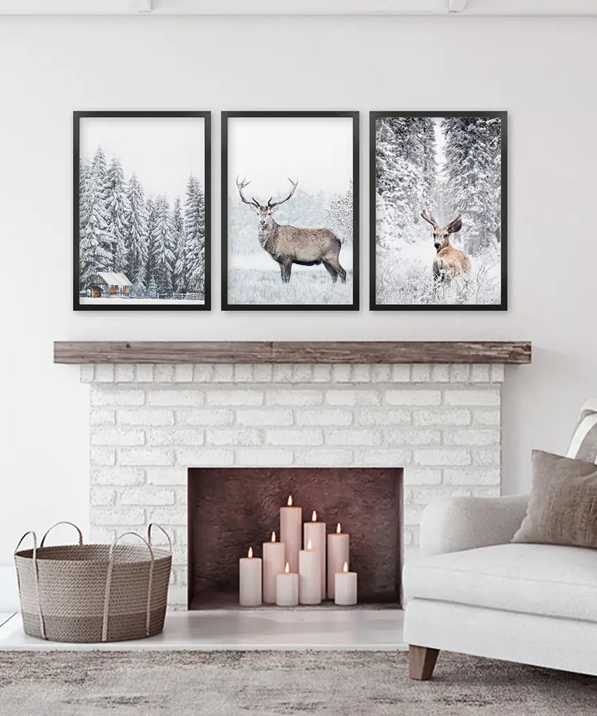 Winter Tier Wanddekor-Set, 3-teilig. Schneebedeckter Wald, Reh