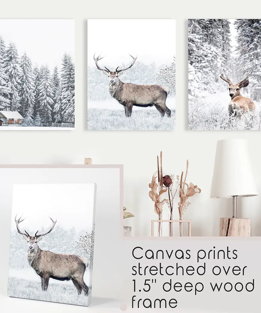 Winter Tier Wanddekor-Set, 3-teilig. Schneebedeckter Wald, Reh