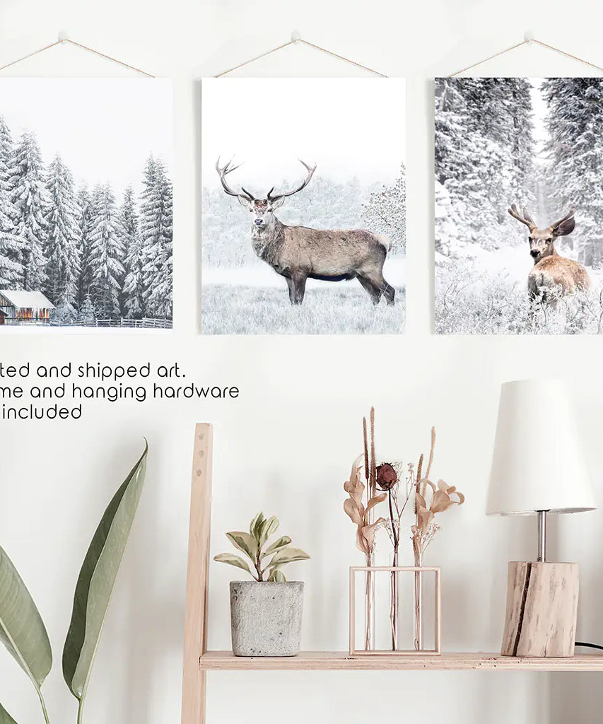 Winter Tier Wanddekor-Set, 3-teilig. Schneebedeckter Wald, Reh