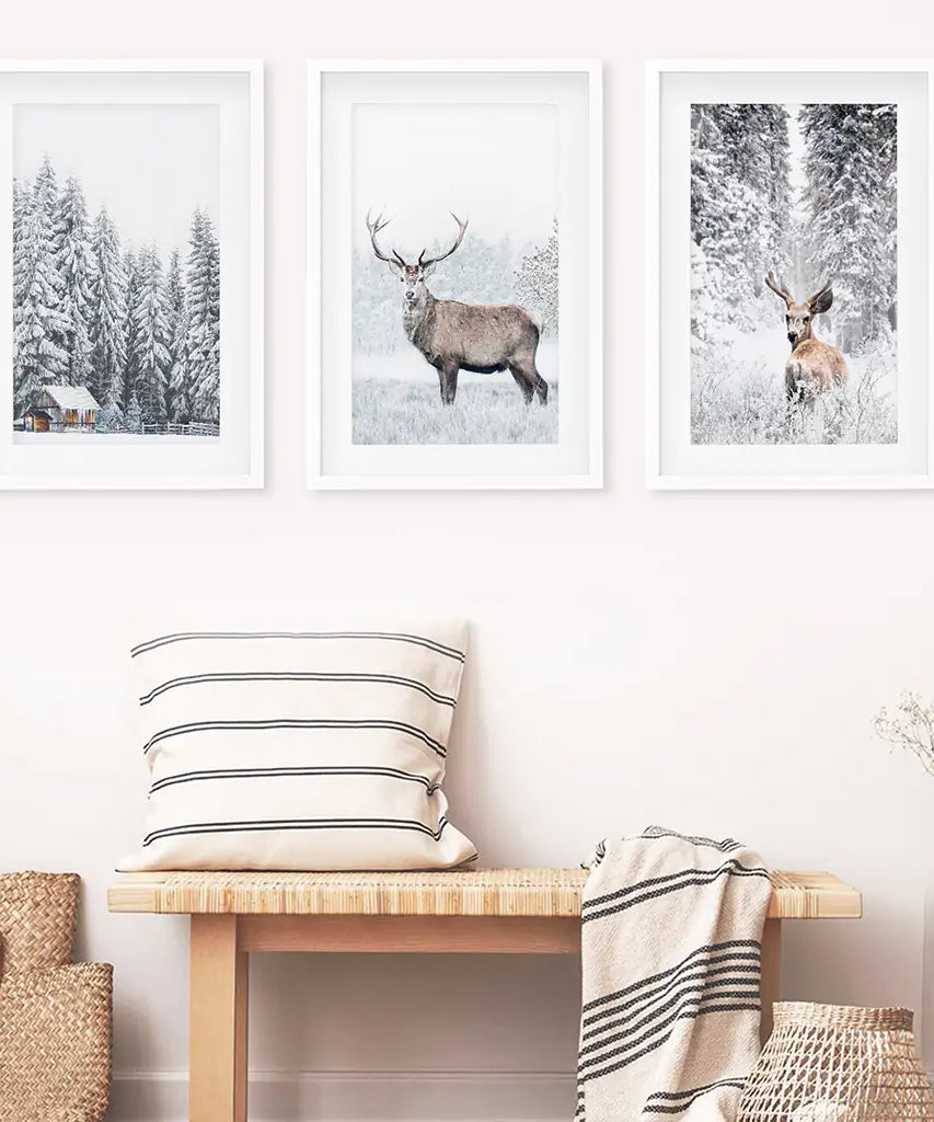 Winter Tier Wanddekor-Set, 3-teilig. Schneebedeckter Wald, Reh