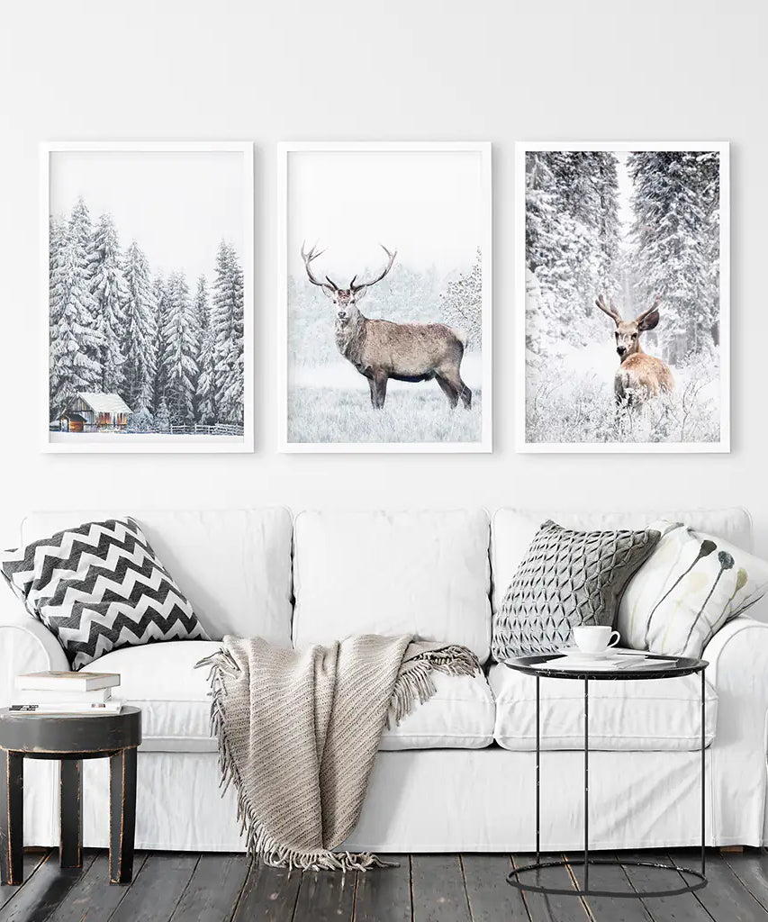 Winter Tier Wanddekor-Set, 3-teilig. Schneebedeckter Wald, Reh