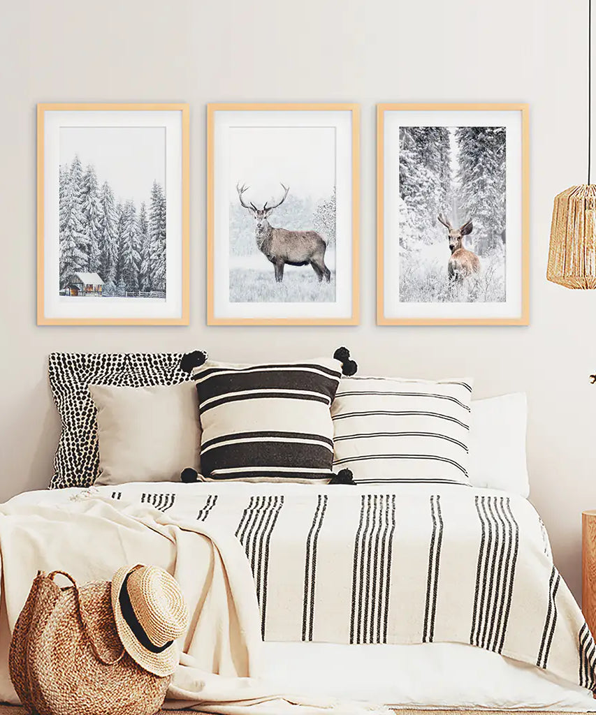 Winter Tier Wanddekor-Set, 3-teilig. Schneebedeckter Wald, Reh