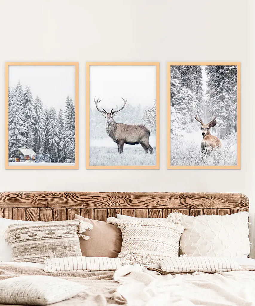 Winter Tier Wanddekor-Set, 3-teilig. Schneebedeckter Wald, Reh