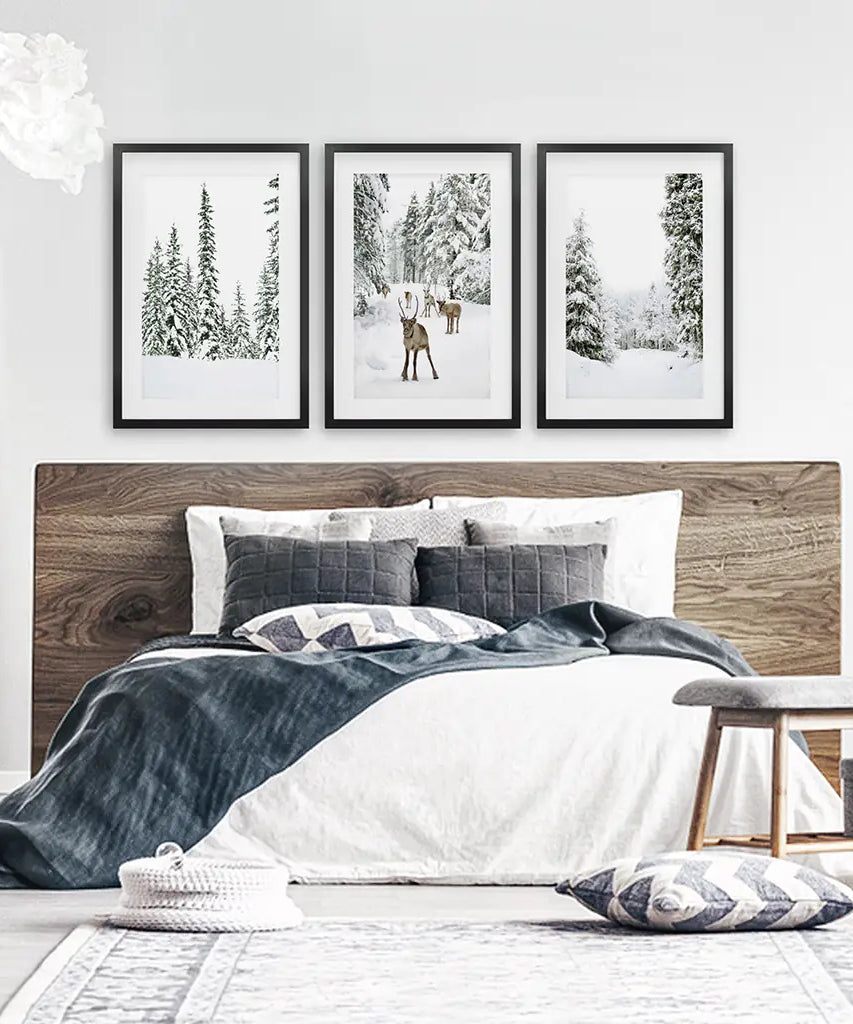 3-teiliges Winterlandschaft Wandbild. Verschneiter Kiefernwald, Kitz
