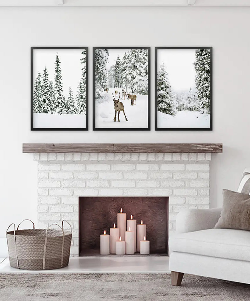 3-teiliges Winterlandschaft Wandbild. Verschneiter Kiefernwald, Kitz
