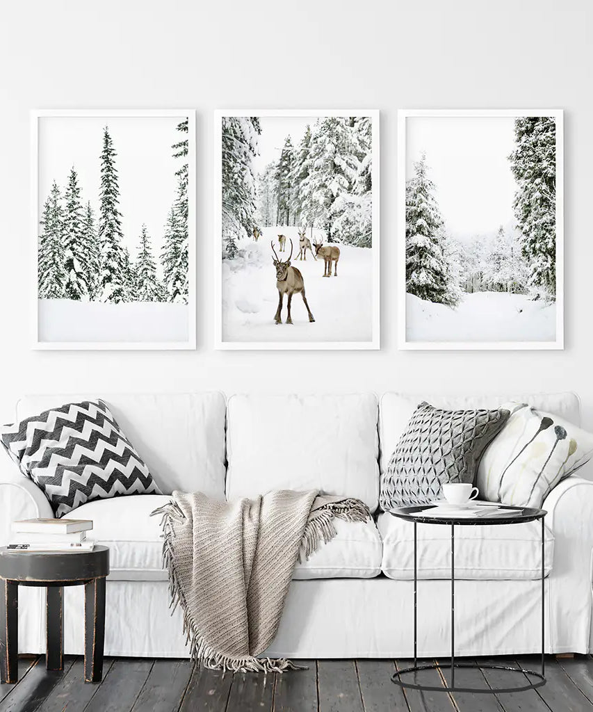 3-teiliges Winterlandschaft Wandbild. Verschneiter Kiefernwald, Kitz