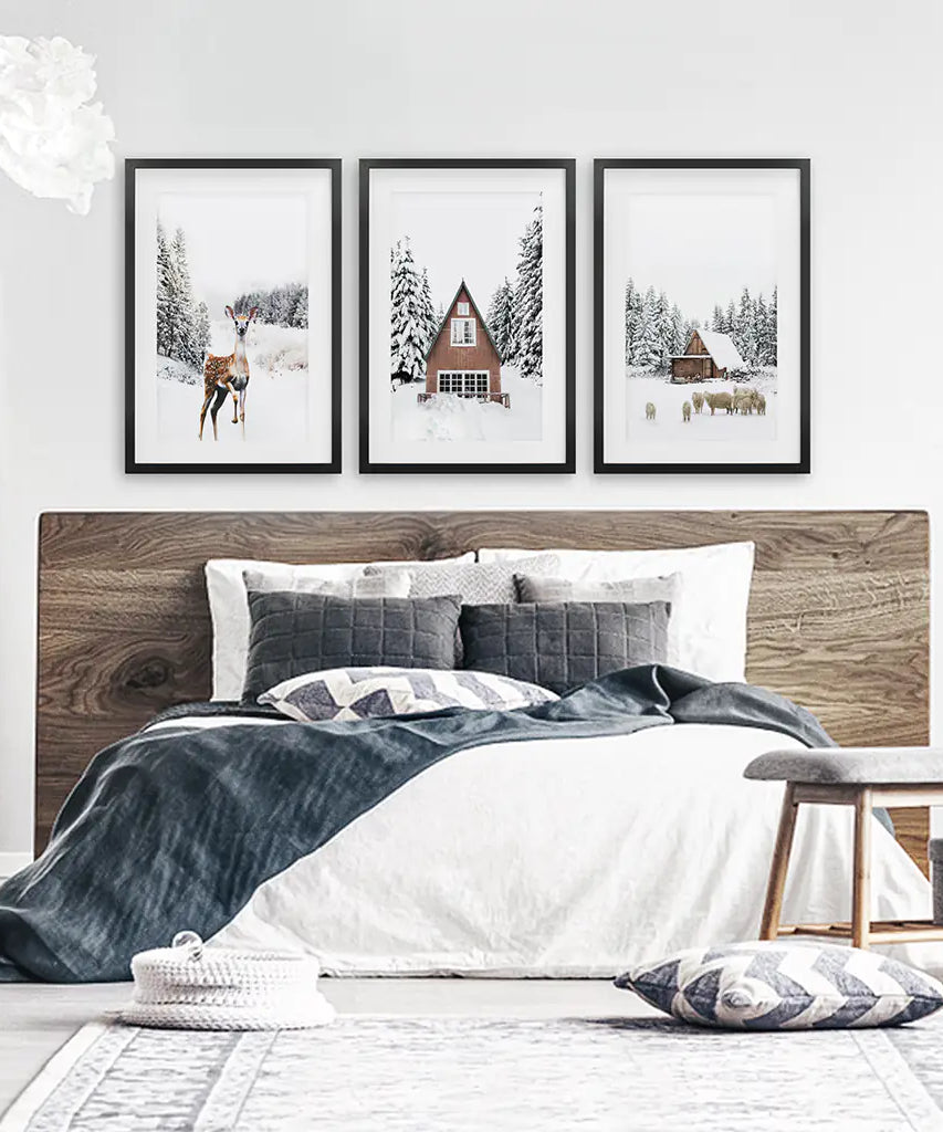 Rustikales Winter-Set aus 3 Wandkunstdrucken. Tiere, Blockhütte
