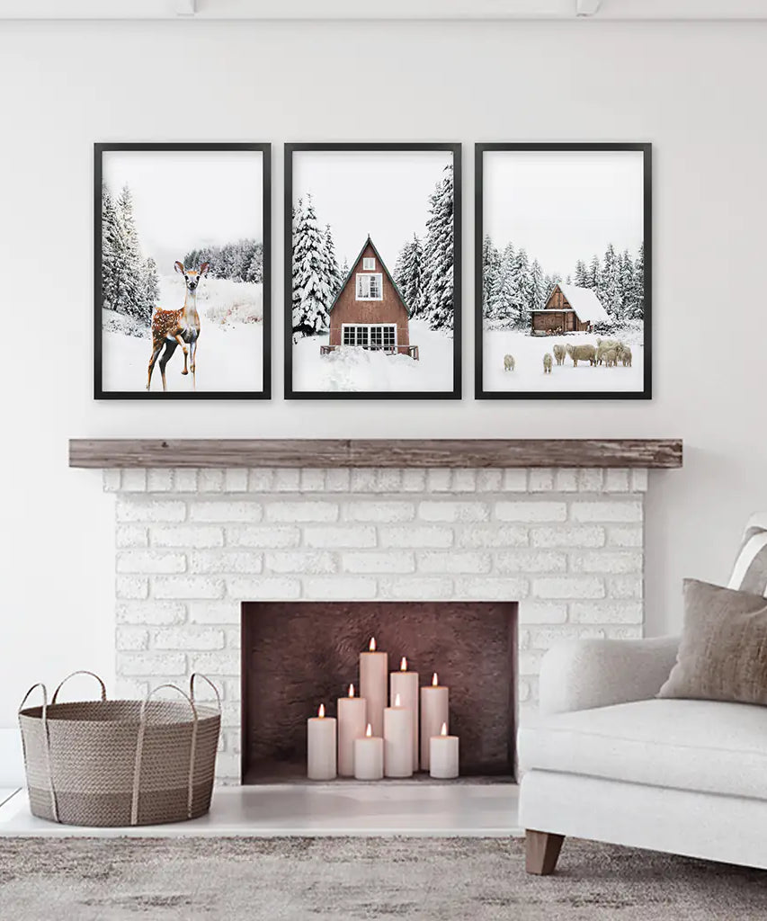 Rustikales Winter-Set aus 3 Wandkunstdrucken. Tiere, Blockhütte
