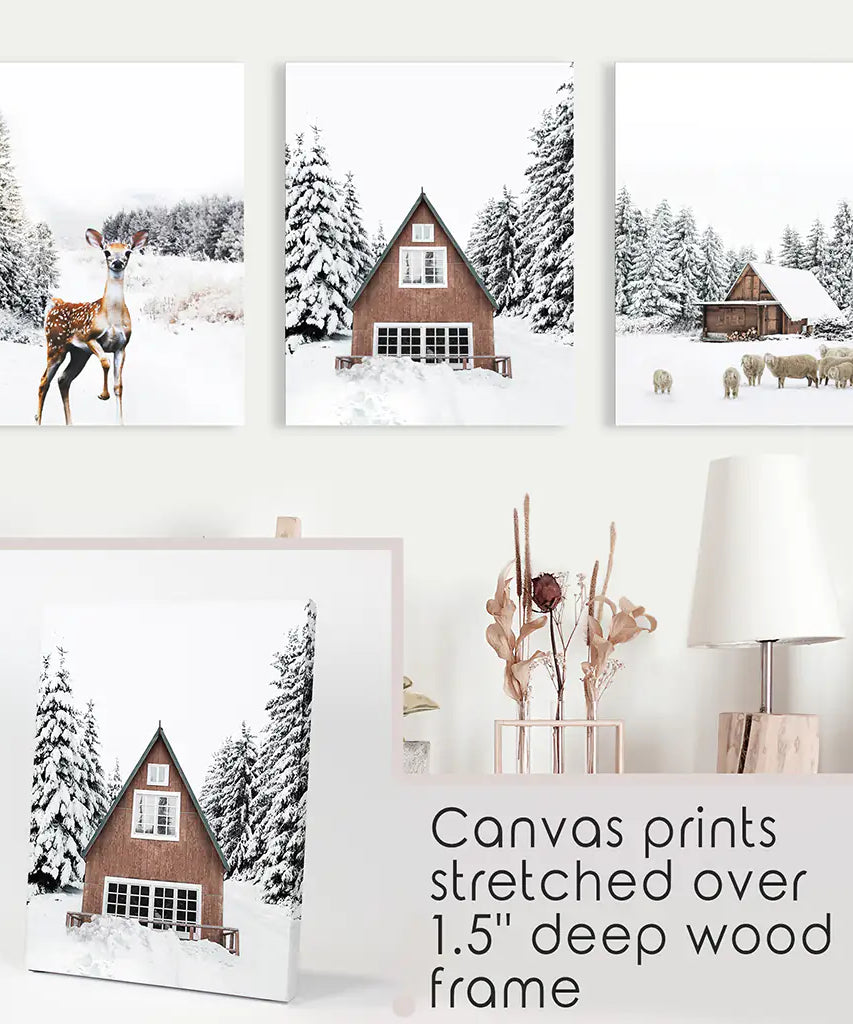Rustikales Winter-Set aus 3 Wandkunstdrucken. Tiere, Blockhütte
