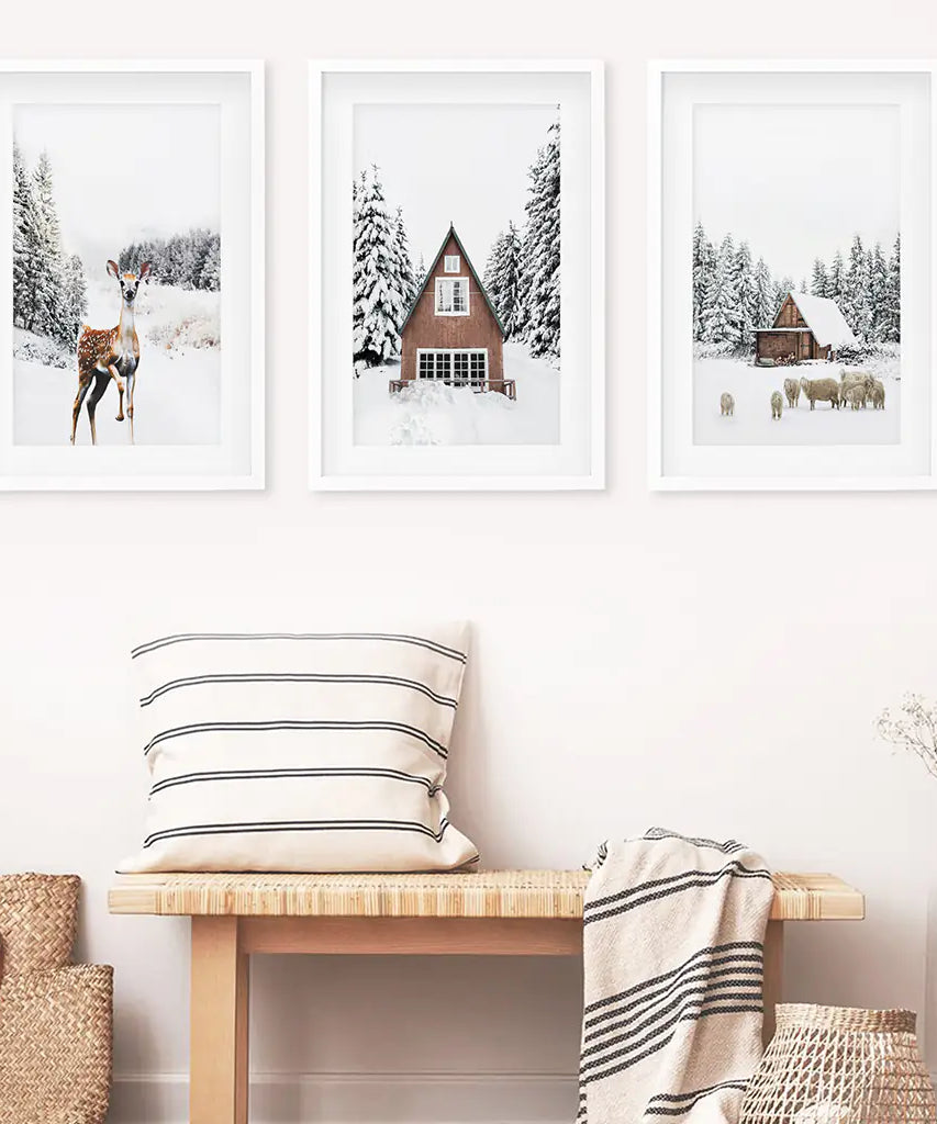 Rustikales Winter-Set aus 3 Wandkunstdrucken. Tiere, Blockhütte