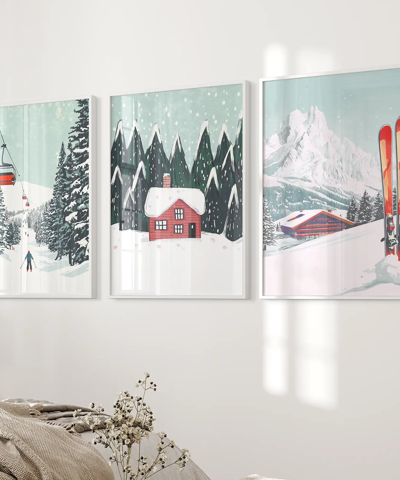 Skilifte, gemütliche Hütte und verschneite Gipfel Wandkunst