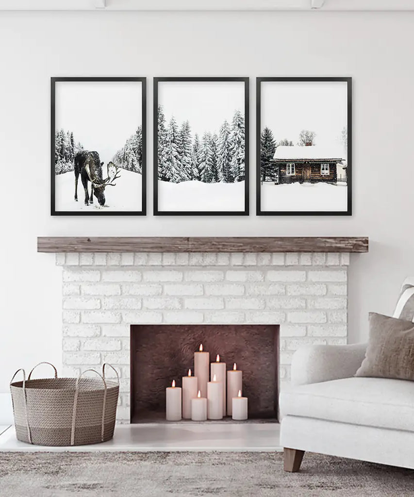 Winterliches Triptychon mit Elch, Blockhütte und Wald