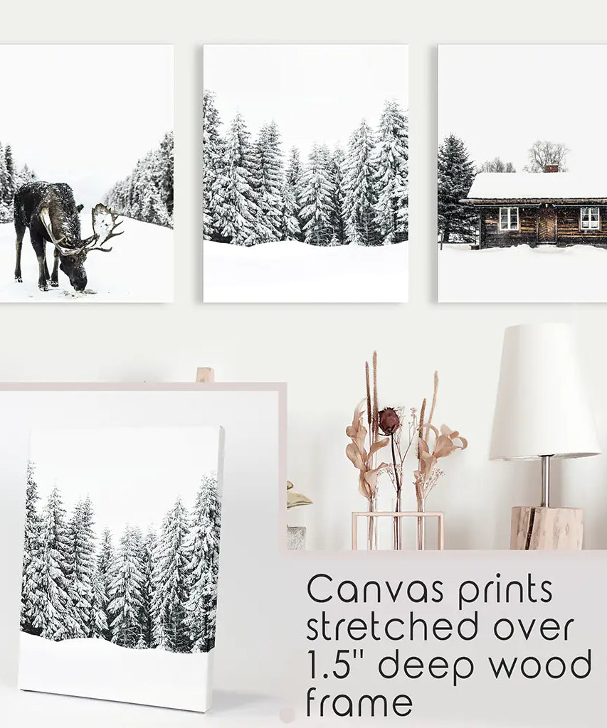 Winterliches Triptychon mit Elch, Blockhütte und Wald
