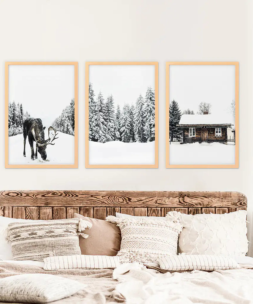 Winterliches Triptychon mit Elch, Blockhütte und Wald