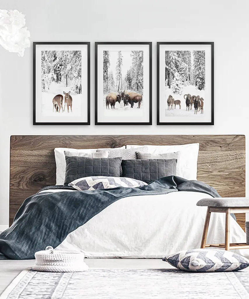 Wintertiere Wandbild Set mit 3. Büffel, Reh, Ziege