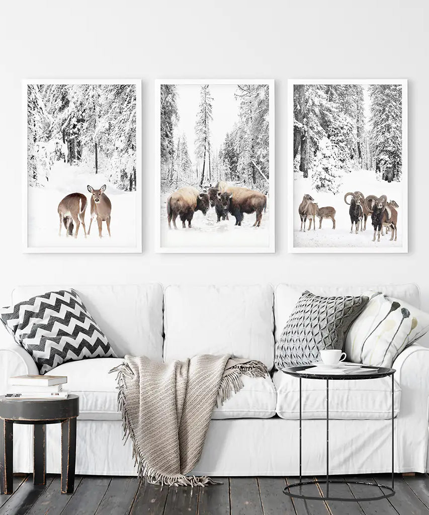 Wintertiere Wandbild Set mit 3. Büffel, Reh, Ziege