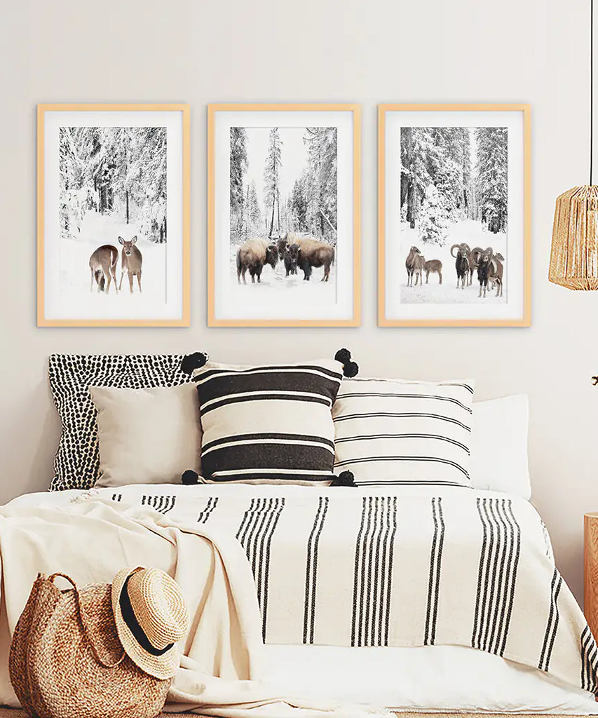 Wintertiere Wandbild Set mit 3. Büffel, Reh, Ziege