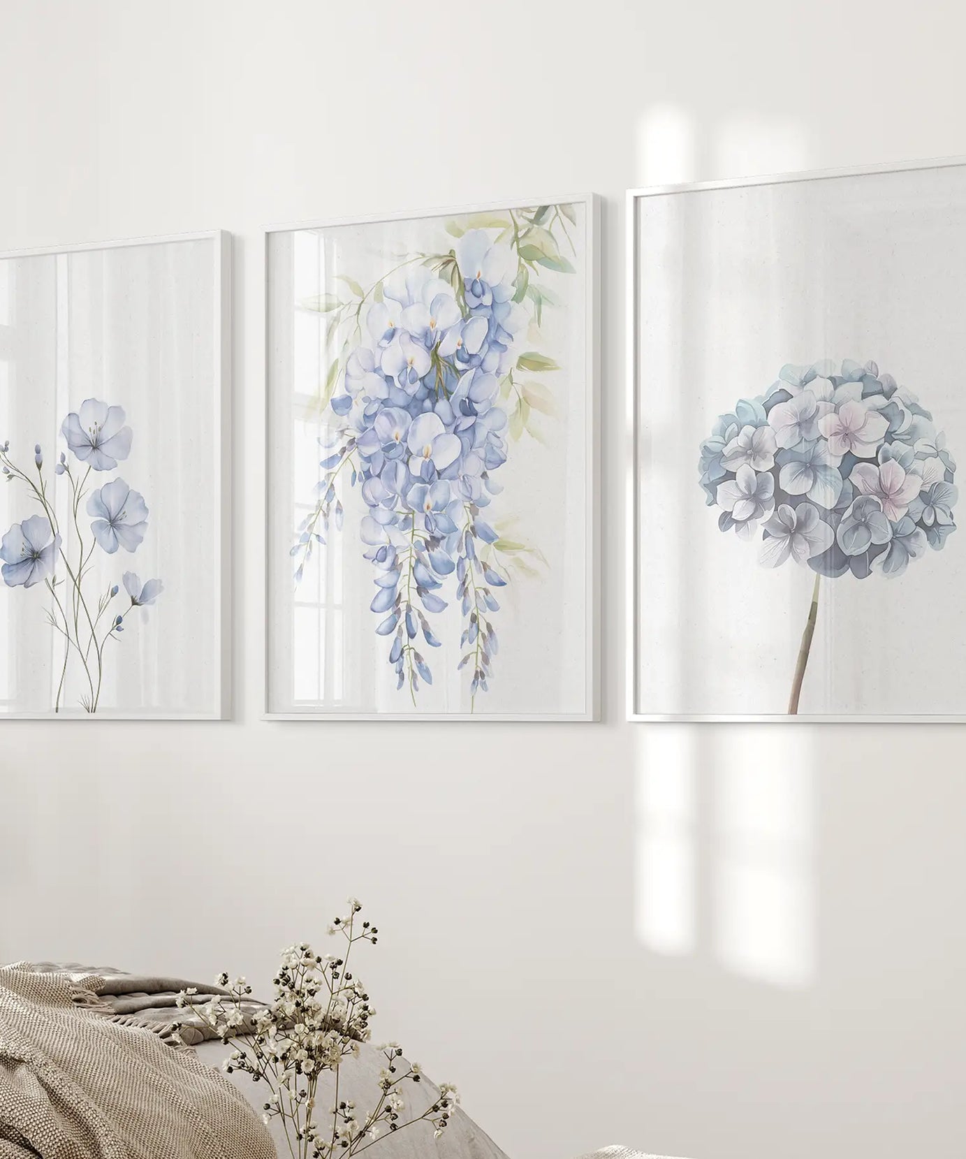 3er Set Blaue minimalistische Aquarell Blumen-Kunstdrucke
