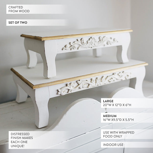 Antique Inspired Ornate White Wood Risers, Set of Two