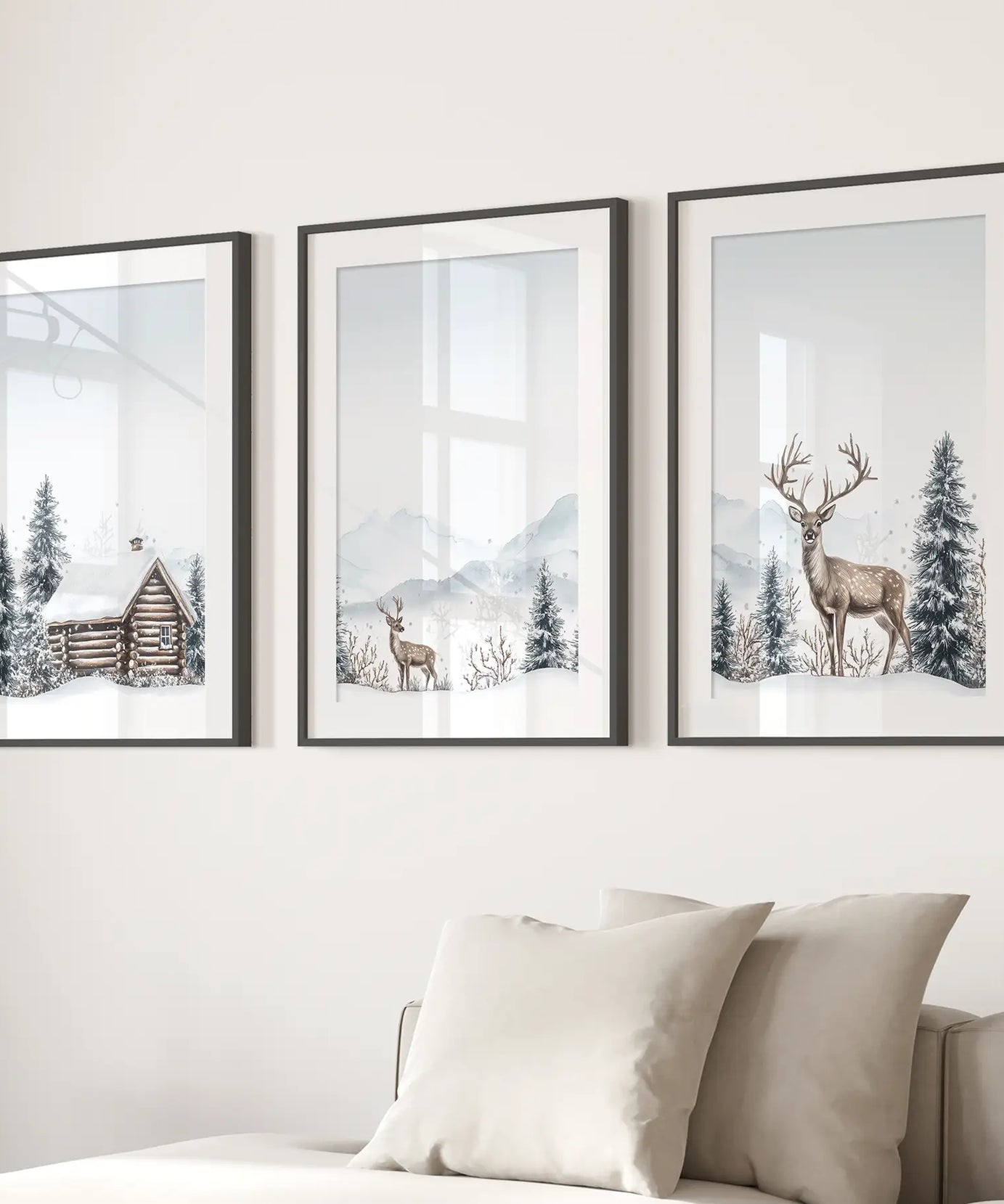 Snowy Deer Wall Art Set of 3. Winter Woodland Prints