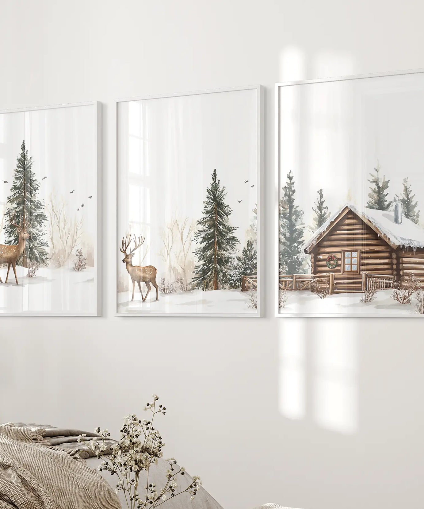 Deer and Cabin Winter 3 Piece Wall Art. Rustic Nordic Prints