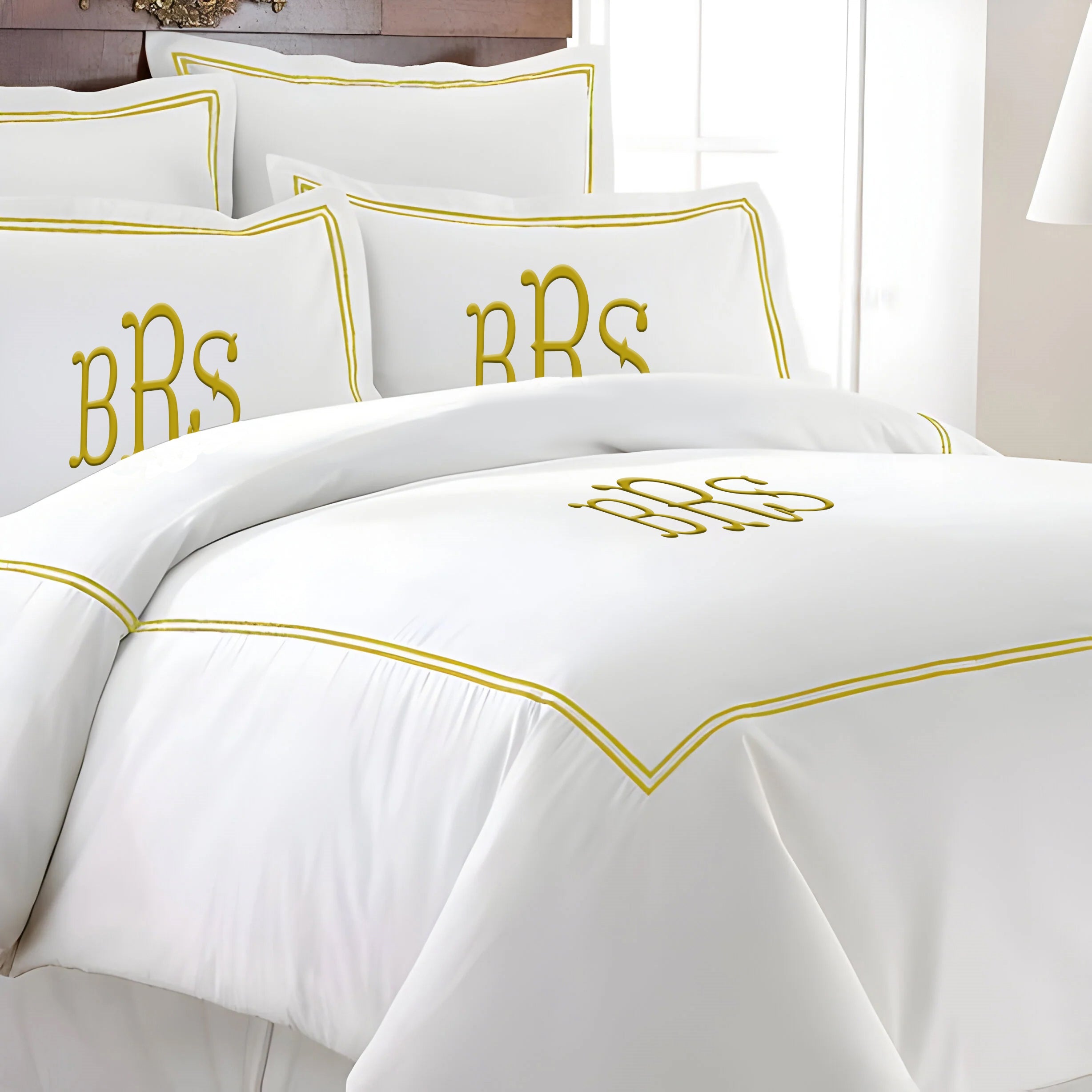 Monogram 400TC Cotton Double Embroidery Sateen Solid Duvet Cover Set