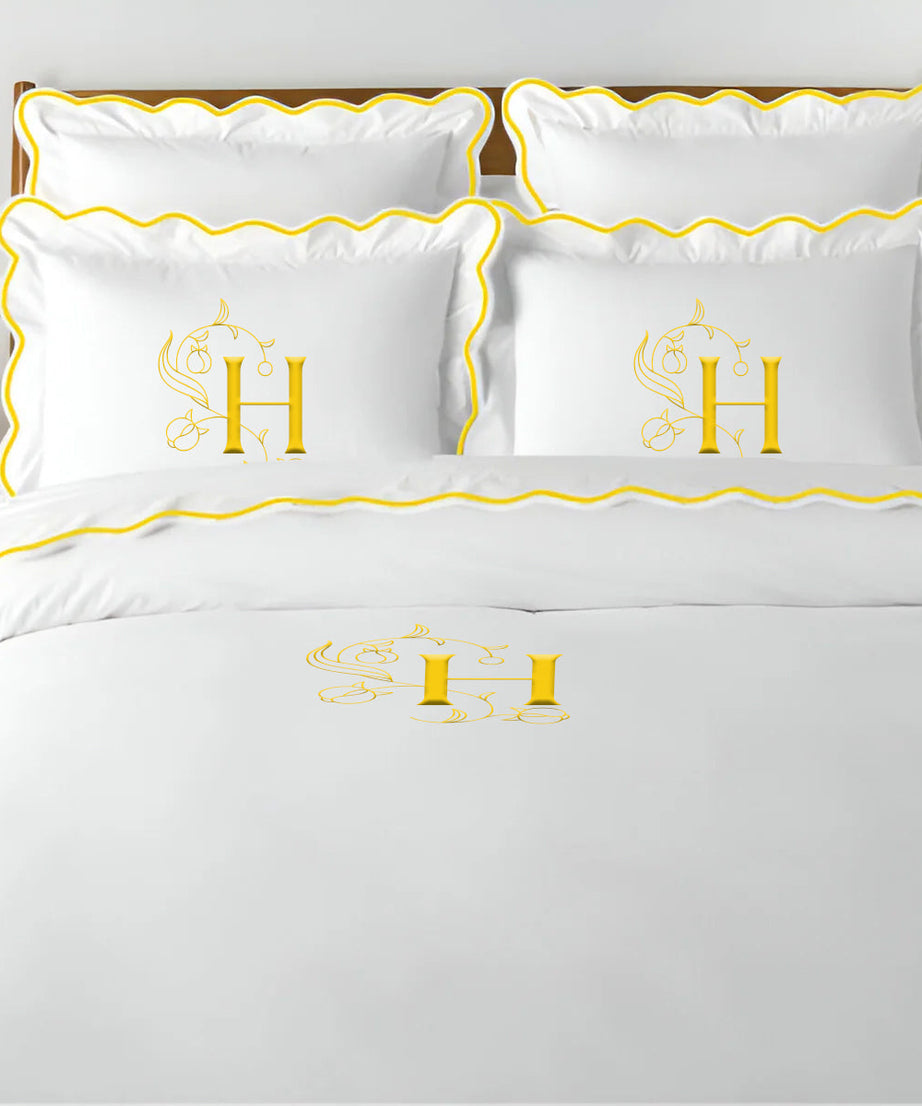 Monogram 400TC Cotton Scallop Embroidery Sateen Solid Duvet Cover Set