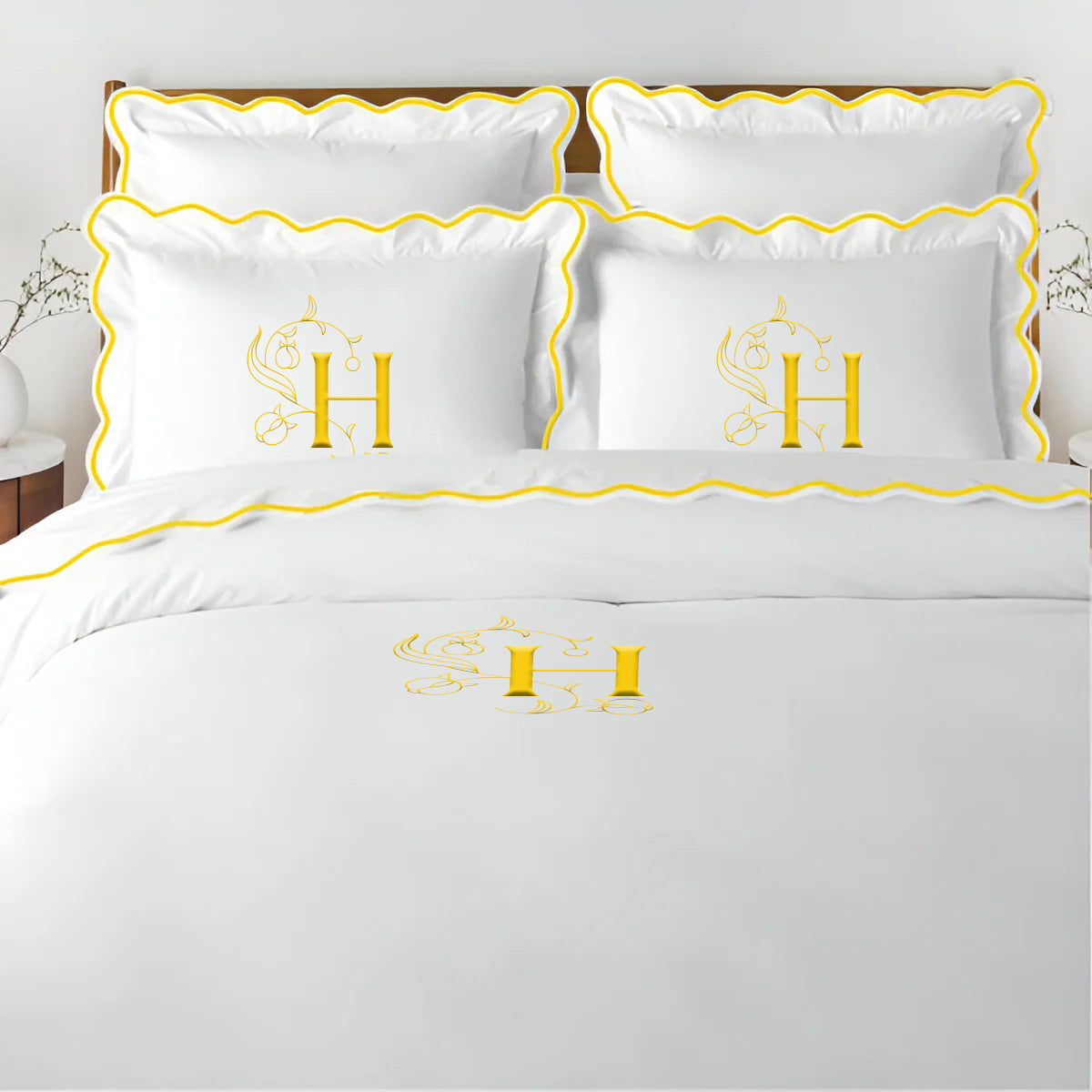 Monogram 400TC Cotton Scallop Embroidery Sateen Solid Duvet Cover Set