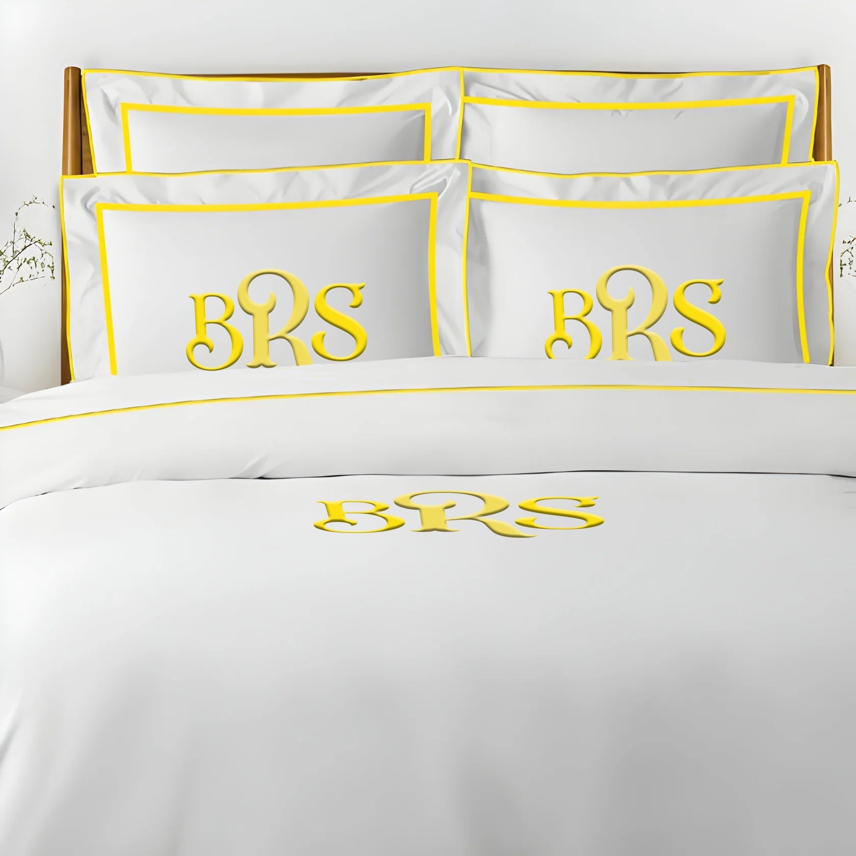 Monogram Embroidery & Border Cotton Sateen Solid Duvet Cover Set