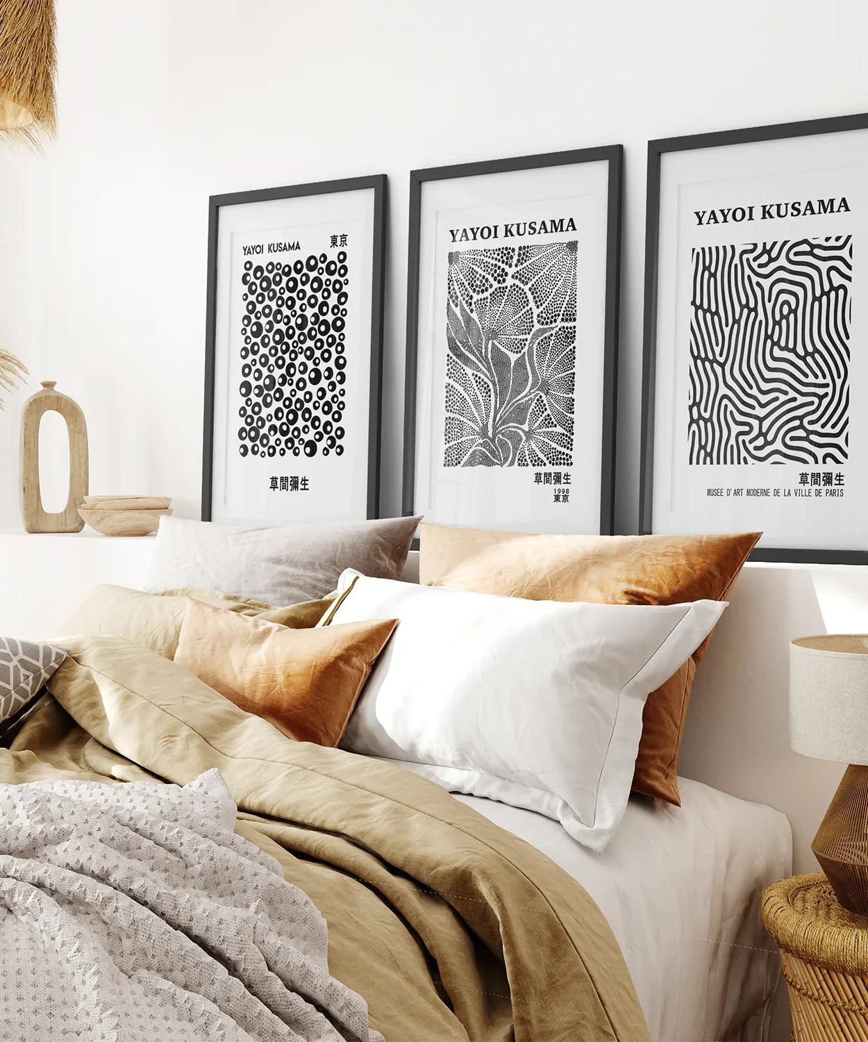 Schwarz-Weißes 3-teiliges abstraktes Kusama-Kunstset